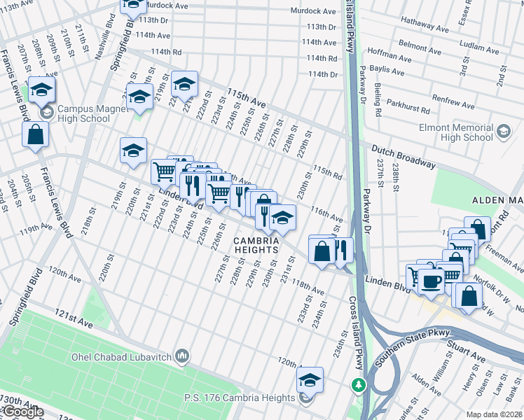 map of restaurants, bars, coffee shops, grocery stores, and more near 116-31 228th Street in Queens