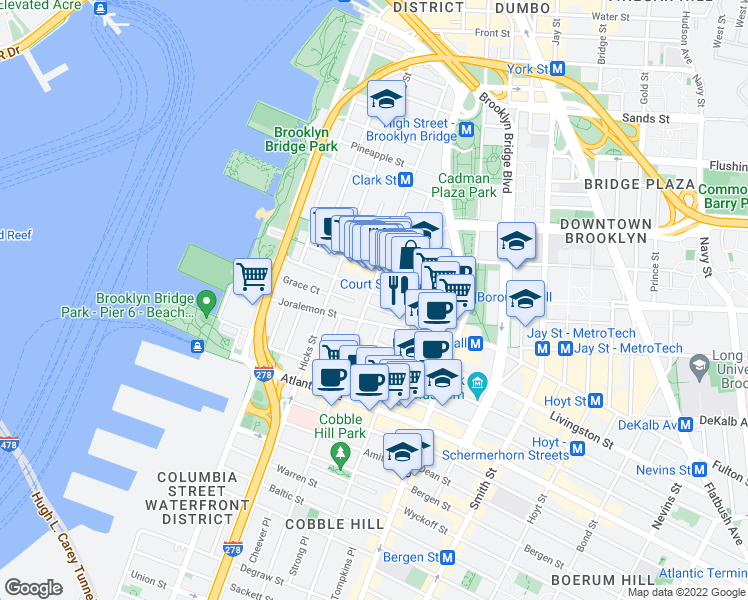map of restaurants, bars, coffee shops, grocery stores, and more near 228 Henry Street in Brooklyn