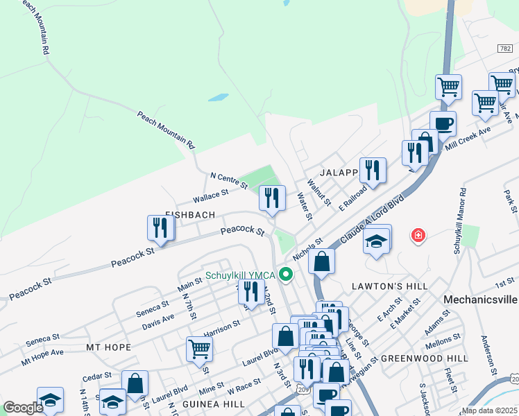 map of restaurants, bars, coffee shops, grocery stores, and more near 130 West Railroad Street in Pottsville