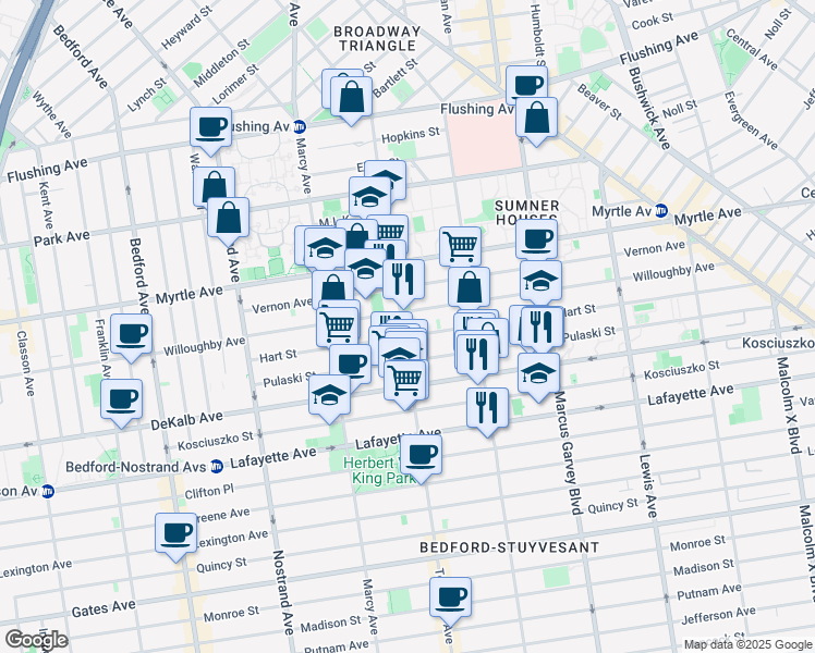 map of restaurants, bars, coffee shops, grocery stores, and more near 148 Hart Street in Brooklyn
