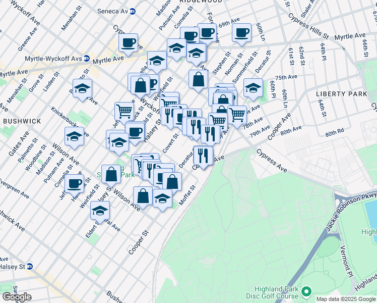 map of restaurants, bars, coffee shops, grocery stores, and more near 1535 Decatur Street in Queens