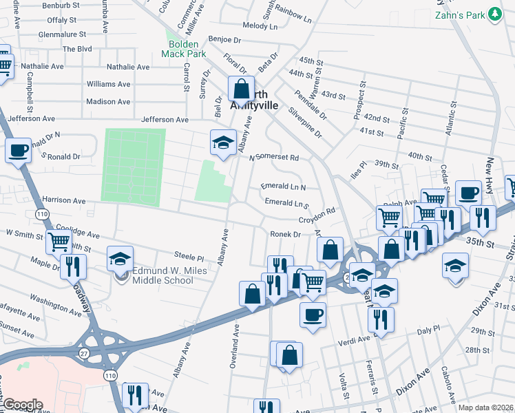 map of restaurants, bars, coffee shops, grocery stores, and more near 11 Croydon Road in Amityville