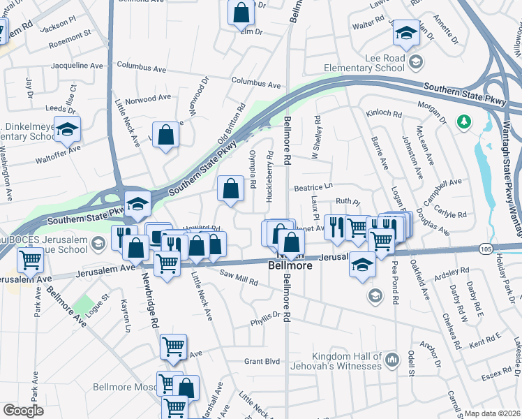 map of restaurants, bars, coffee shops, grocery stores, and more near 2600 Elderberry Road in North Bellmore