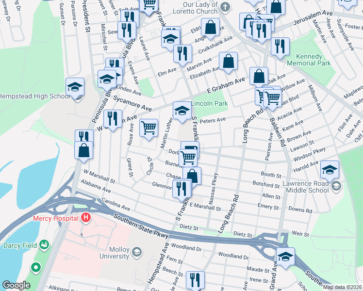 map of restaurants, bars, coffee shops, grocery stores, and more near 27 Dorlon Street in Hempstead