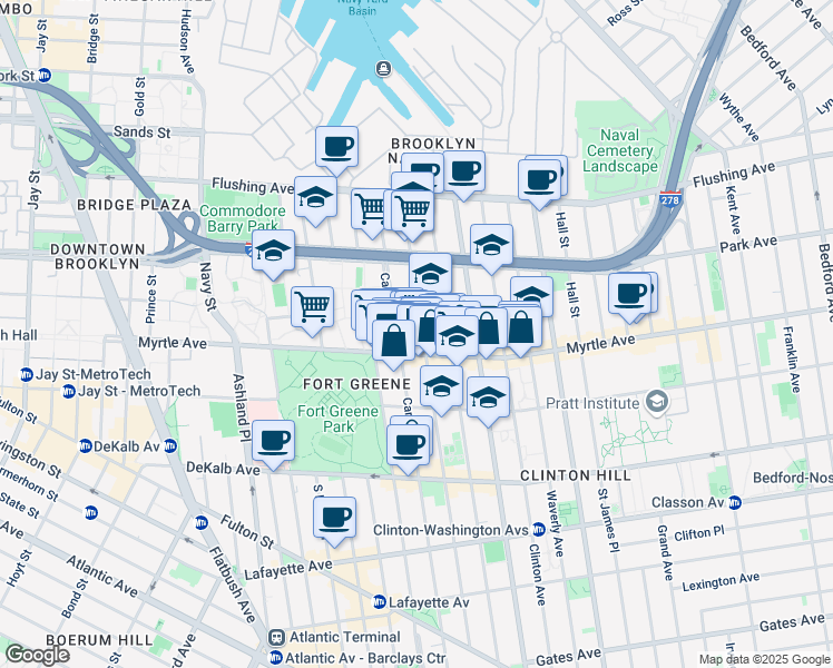 map of restaurants, bars, coffee shops, grocery stores, and more near 130 Adelphi Street in Brooklyn