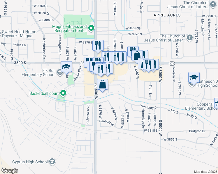 map of restaurants, bars, coffee shops, grocery stores, and more near 8291-8315 West 3595 South in Magna