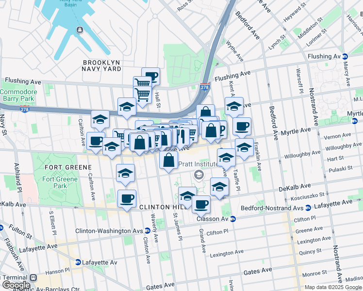 map of restaurants, bars, coffee shops, grocery stores, and more near 502 Myrtle Avenue in Brooklyn
