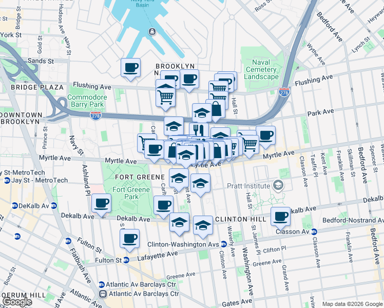 map of restaurants, bars, coffee shops, grocery stores, and more near 128 Vanderbilt Avenue in Brooklyn