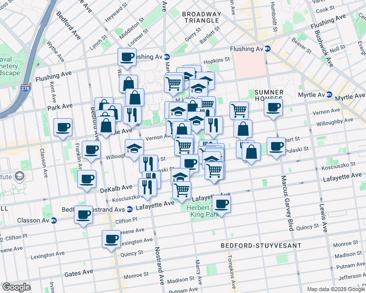 map of restaurants, bars, coffee shops, grocery stores, and more near 613 Marcy Avenue in Brooklyn