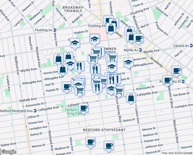 map of restaurants, bars, coffee shops, grocery stores, and more near Hart St & Throop Ave in Brooklyn