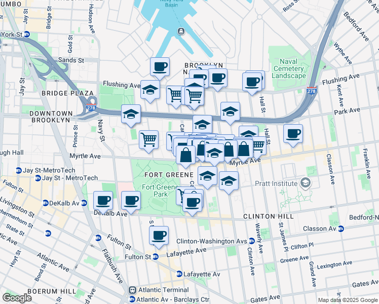 map of restaurants, bars, coffee shops, grocery stores, and more near 129 Carlton Avenue in Brooklyn