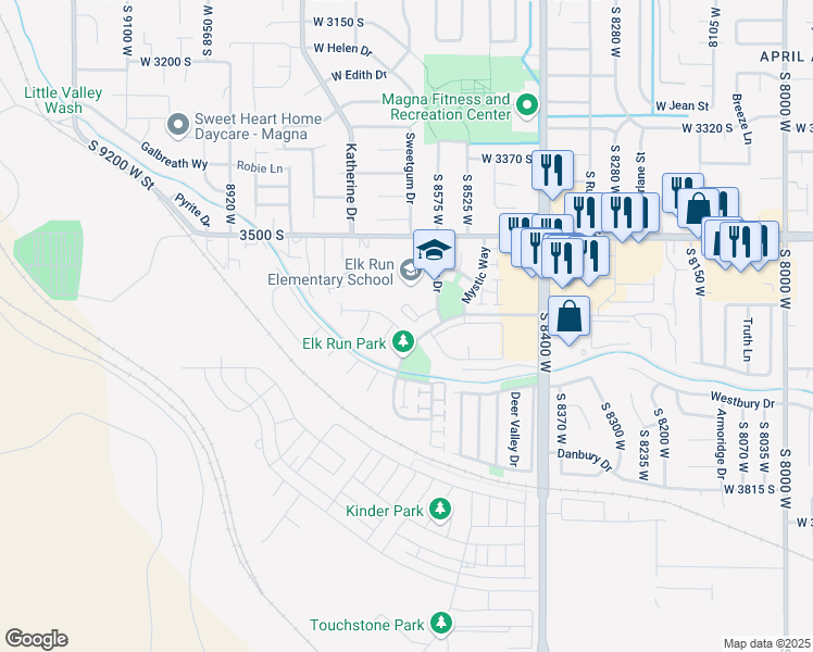 map of restaurants, bars, coffee shops, grocery stores, and more near 8610 Elk Point Drive in Magna