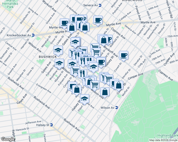 map of restaurants, bars, coffee shops, grocery stores, and more near Hancock Street & Knickerbocker Avenue in Brooklyn