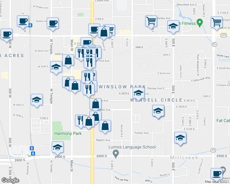map of restaurants, bars, coffee shops, grocery stores, and more near 509 East 3570 South in South Salt Lake