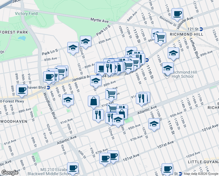 map of restaurants, bars, coffee shops, grocery stores, and more near 88-13 104th Street in Queens