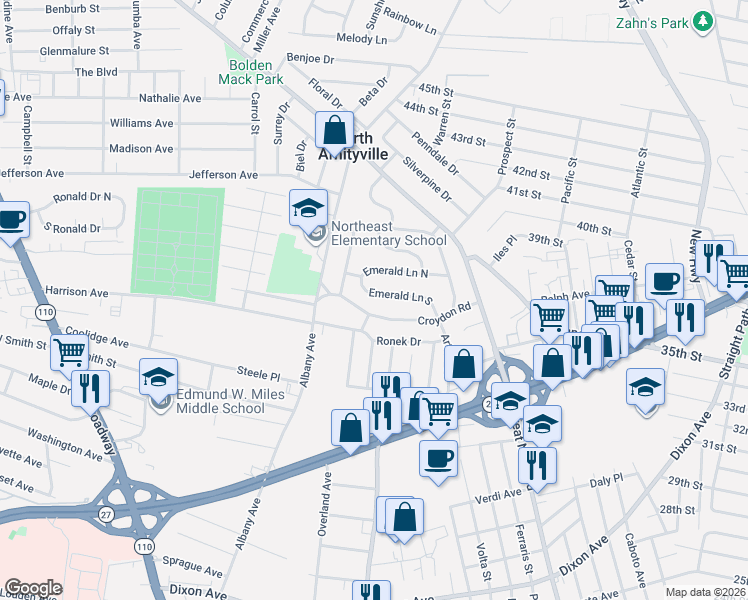 map of restaurants, bars, coffee shops, grocery stores, and more near 22 Croydon Road in Amityville