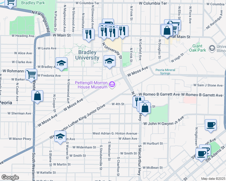 map of restaurants, bars, coffee shops, grocery stores, and more near 1212 West Moss Avenue in Peoria