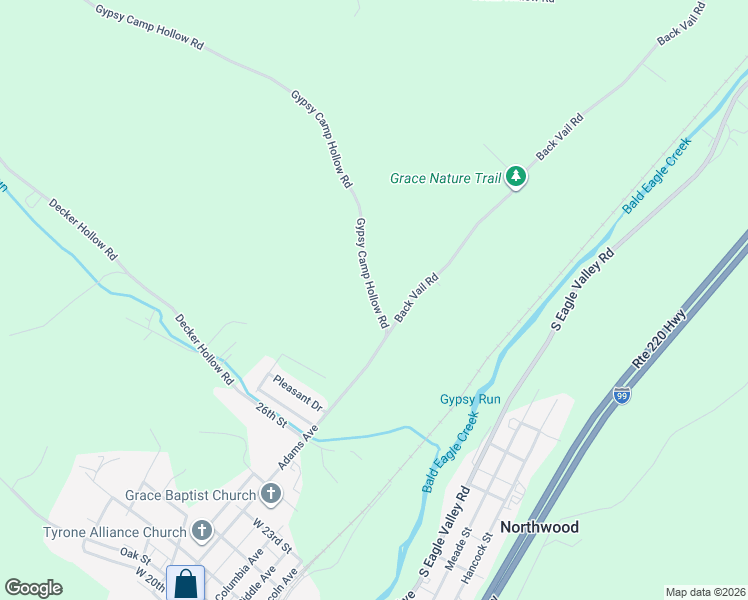 map of restaurants, bars, coffee shops, grocery stores, and more near Gypsy Camp Hollow Road in Tyrone