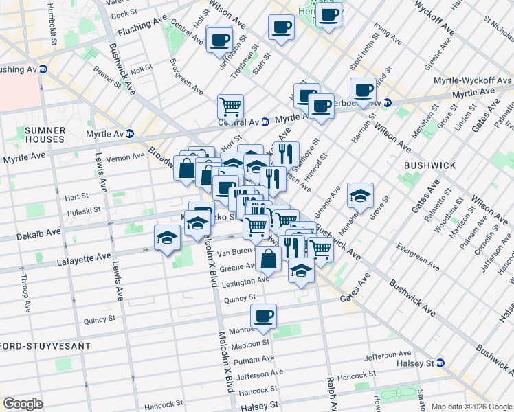 map of restaurants, bars, coffee shops, grocery stores, and more near 21 Kossuth Place in Brooklyn