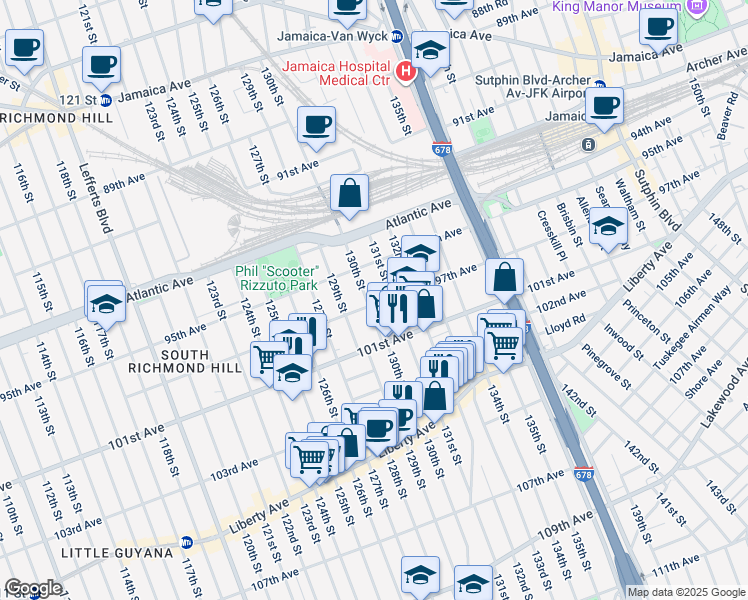 map of restaurants, bars, coffee shops, grocery stores, and more near 129-22 97th Avenue in Queens