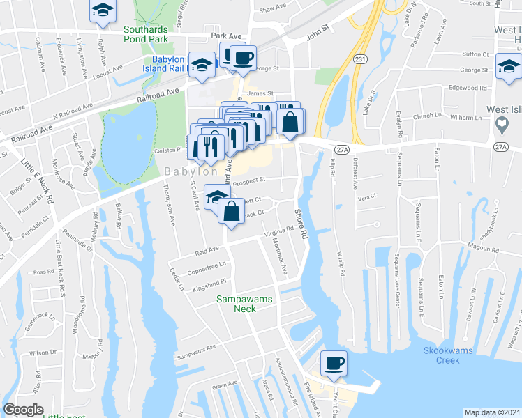 map of restaurants, bars, coffee shops, grocery stores, and more near 47 Cormack Court in Babylon