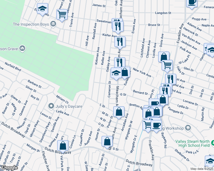 map of restaurants, bars, coffee shops, grocery stores, and more near 1393 E Street in Elmont