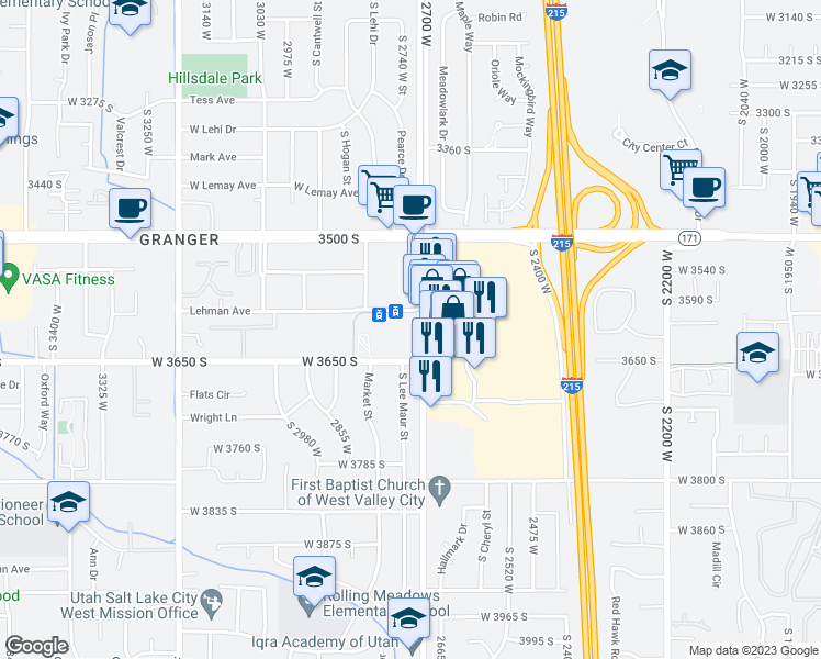 map of restaurants, bars, coffee shops, grocery stores, and more near 3636 Constitution Boulevard in West Valley City