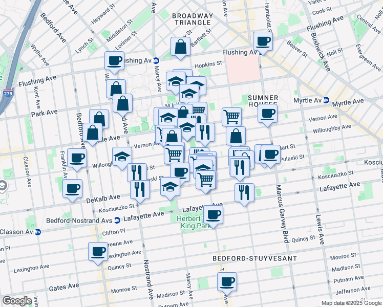 map of restaurants, bars, coffee shops, grocery stores, and more near 111 Hart Street in Brooklyn