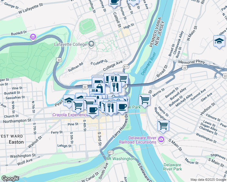 map of restaurants, bars, coffee shops, grocery stores, and more near 107 North 2nd Street in Easton