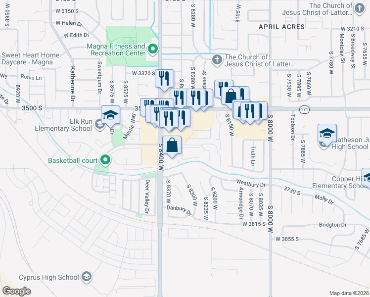 map of restaurants, bars, coffee shops, grocery stores, and more near 8291-8315 West 3595 South in Magna