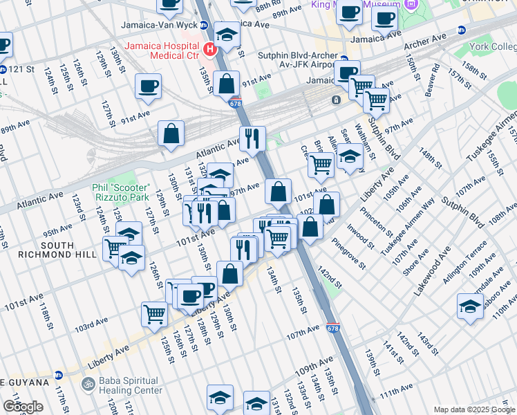 map of restaurants, bars, coffee shops, grocery stores, and more near 134-3 101st Avenue in Queens