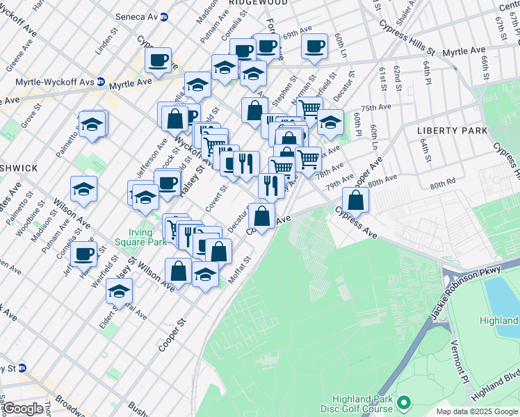map of restaurants, bars, coffee shops, grocery stores, and more near 53-25 Cooper Avenue in Queens