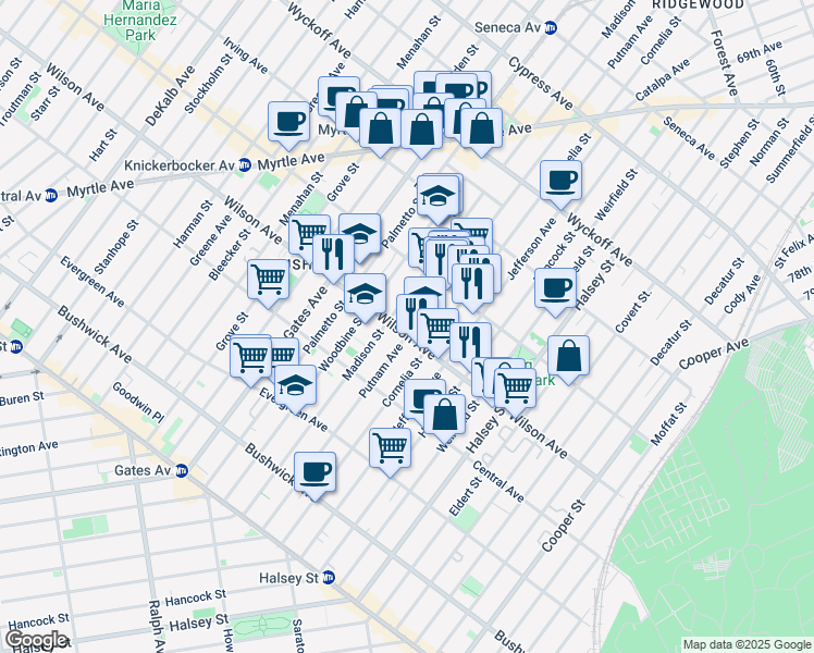 map of restaurants, bars, coffee shops, grocery stores, and more near 441 Wilson Avenue in Brooklyn