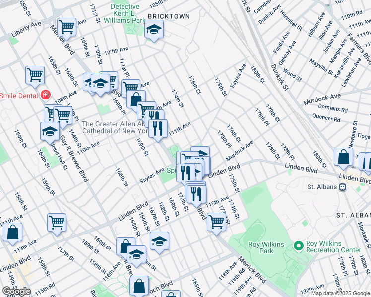 map of restaurants, bars, coffee shops, grocery stores, and more near 172-7 Sayres Avenue in Queens