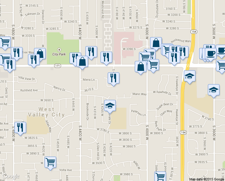 map of restaurants, bars, coffee shops, grocery stores, and more near 3626 Oldham Circle in West Valley City