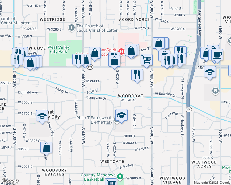 map of restaurants, bars, coffee shops, grocery stores, and more near 3626 Oldham Circle in West Valley City