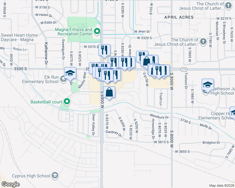 map of restaurants, bars, coffee shops, grocery stores, and more near 8291-8315 West 3595 South in Magna