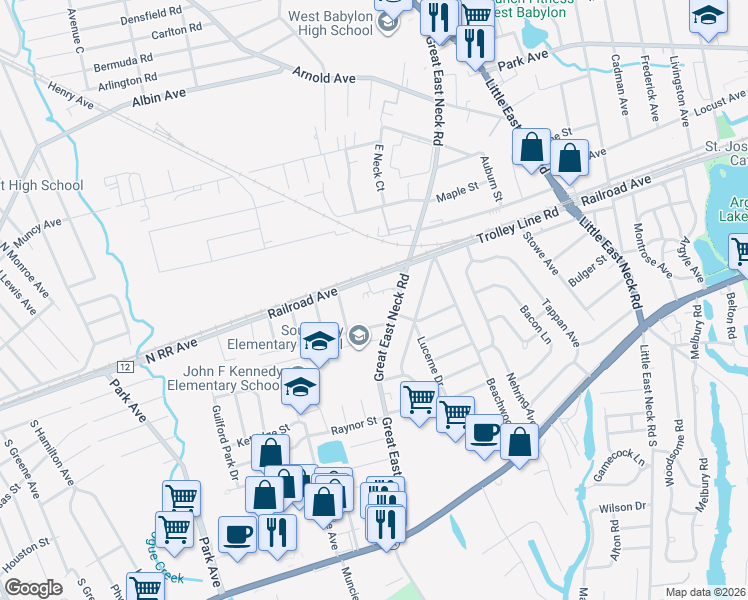 map of restaurants, bars, coffee shops, grocery stores, and more near 200 Great East Neck Road in West Babylon