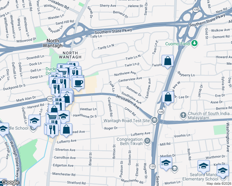 map of restaurants, bars, coffee shops, grocery stores, and more near 3568 Southview Avenue in Wantagh