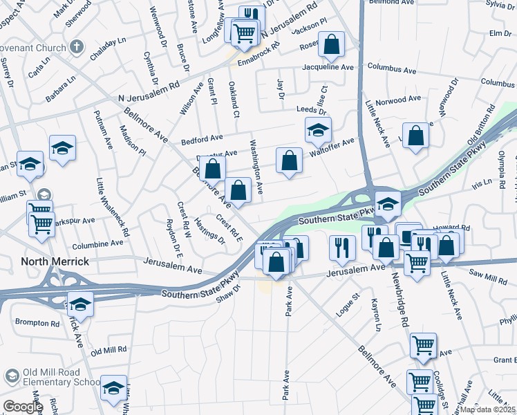 map of restaurants, bars, coffee shops, grocery stores, and more near 1991 Pershing Avenue in North Bellmore