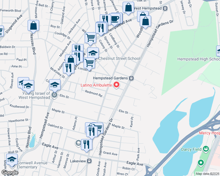 map of restaurants, bars, coffee shops, grocery stores, and more near 433 Walton Street in West Hempstead