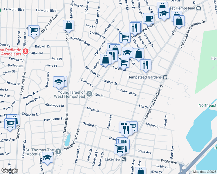 map of restaurants, bars, coffee shops, grocery stores, and more near 239 Windsor Lane in West Hempstead