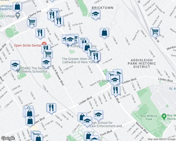 map of restaurants, bars, coffee shops, grocery stores, and more near 168-02 111th Avenue in Queens