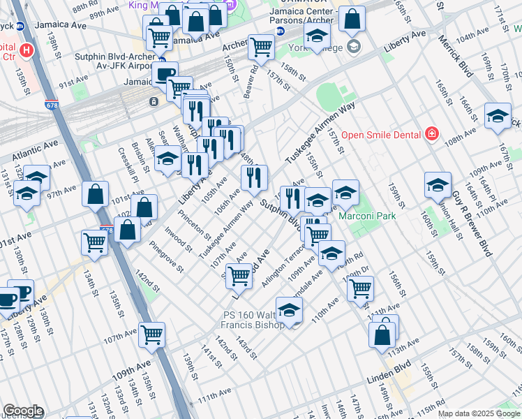 map of restaurants, bars, coffee shops, grocery stores, and more near 146-54 107th Avenue in Queens