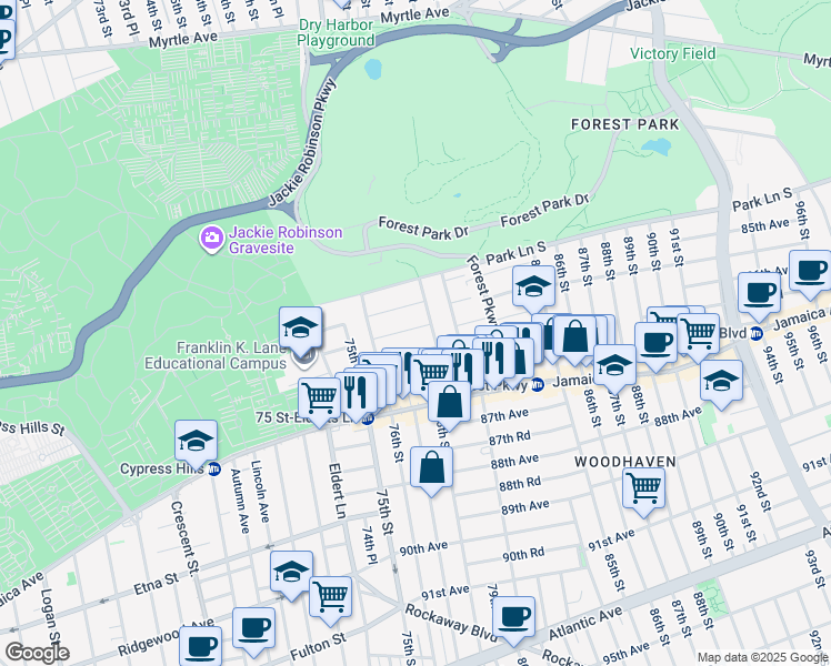 map of restaurants, bars, coffee shops, grocery stores, and more near 78-05 86th Avenue in Queens
