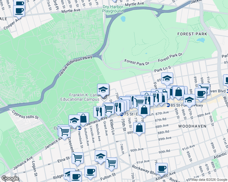 map of restaurants, bars, coffee shops, grocery stores, and more near 74-21 85th Drive in Queens