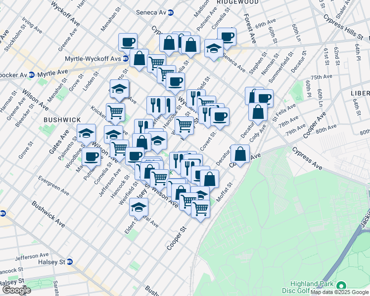 map of restaurants, bars, coffee shops, grocery stores, and more near 327 Eldert Street in Brooklyn