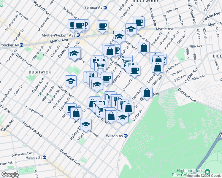 map of restaurants, bars, coffee shops, grocery stores, and more near 327 Eldert Street in Brooklyn