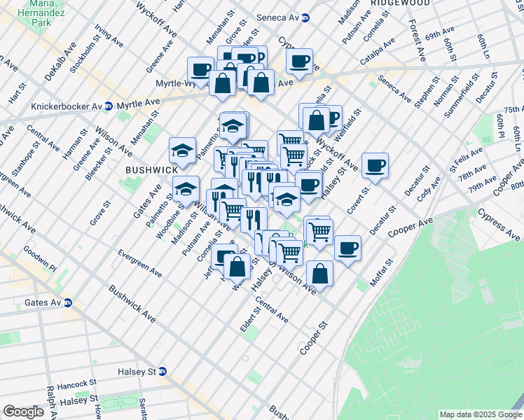 map of restaurants, bars, coffee shops, grocery stores, and more near 1336 Jefferson Avenue in Brooklyn