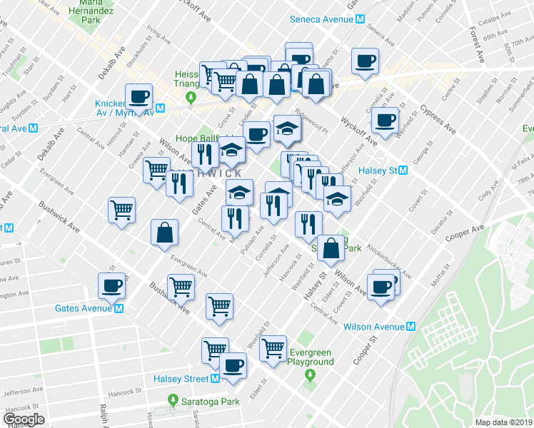 map of restaurants, bars, coffee shops, grocery stores, and more near 1315 Putnam Avenue in Brooklyn